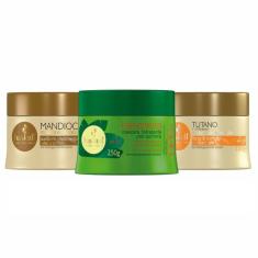 Imagem de Kit Cronograma Capilar para Cabelos Quimicamente Tratados Máscara Mandioca Hidratação, Máscara Bananeira Reconstrução, Máscara Tutano Nutrição