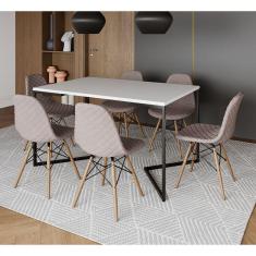 Imagem de Mesa Industrial Retangular Base V Aço Preto 137x90cm Branca 6 Cadeiras Madeira Estofadas Nude Médio