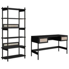 Imagem de Mesa Escrivaninha e Estante Pés Madeira Arlo A10 Nero/Preto - Mpozenat