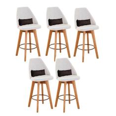 Imagem de Kit 05 Banquetas Alta Maya Giratória Com Encosto Gourmet Linho Bege e Almofada Suede Marrom - Aurora Line