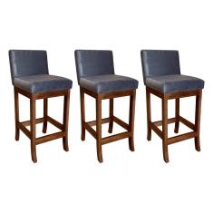 Imagem de Kit 3 Banquetas Média Estofada Gourmet para Cozinha 38x90 Cm Espanha Madeira Castanho Suede Cinza ccs