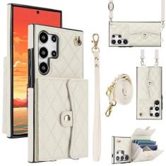 Imagem de Capa carteira para Samsung Galaxy S24 Ultra com 4 pontos de cartão, capa flip de couro transversal com bloqueio RFID, capa de telefone com suporte de fivela magnética, alça de pulso à prova de choque