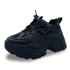 Imagem de Julymens Tênis feminino plataforma grosso com cadarço moderno salto cunha preto, Preto, 37