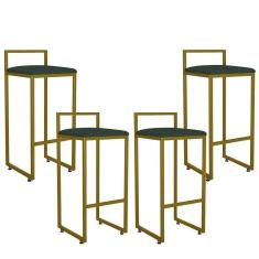Imagem de Kit 04 Banquetas Alta Hanna Dourado Linho Verde Musgo