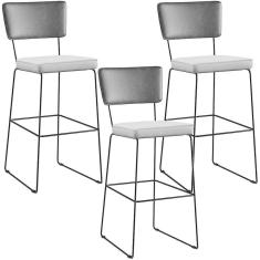 Imagem de Kit 03 Banquetas Altas Preto Linho Cinza