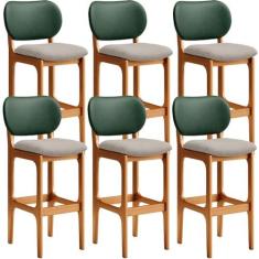 Imagem de Kit 6 Banquetas Alta Bar Cozinha Sala Jantar Betta L02 Imbuia Facto Verde Linho Bege - Lyam Decor