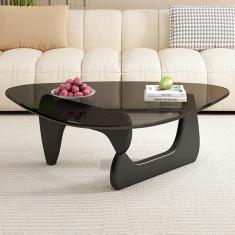 Imagem de Mesa de centro de vidro triangular, mesa final de vidro preto vintage, mesa final moderna com base de madeira maciça para sala de estar, pátio, escritório, pernas pretas + b, 83 × 57 × 40 cm