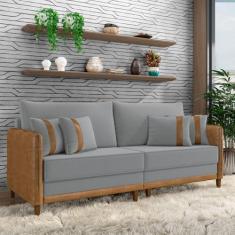 Imagem de Sofá Living Montecarlo 3 Lugares Bipartido 252cm Pés em Madeira Veludo/PU Cinza/Caramelo G33 - Gran Belo