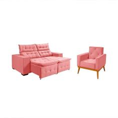 Imagem de Kit Sofá Retratil Reclinável Bari 1,90 Pillow Mais Poltrona Florença Em Veludo Rosê Rosa
