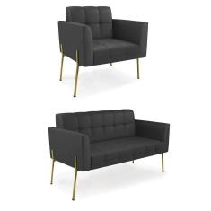 Imagem de Sofá Namoradeira E Poltrona Base Pé De Ferro Dourado Elisa Corino Preto D03 - D`rossi