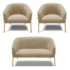 Imagem de Sofá Namoradeira E 2 Poltronas Pé De Ferro Dourado Stella Suede Marrom Rato D03 - D'rossi