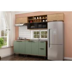 Imagem de Cozinha Modulada Toscana em Mdf 5 Peças com Aereo 1200 Porta de Vidro e Aereo Geladeira Freijó/jade