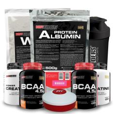 Imagem de Kit Whey 500g + Albumin 500g + 2x BCAA 100g + 2x Creatina 100g + Coq + Porta Cáps - Bodybuilders-Unissex