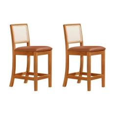 Imagem de Kit 2 Banquetas Altas Luxo em Tela Sextavadas Assento Estofado Couro Pu Caramelo Rubi Madeira Maciça