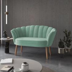 Imagem de Sofá Namoradeira Decorativa Pétala Luxo Veludo Azul Acqua Pés Palito -