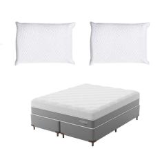 Imagem de Cama Box King com Colchão Sublime Mola Ensacada e Espuma Viscoelástica (32x193x203) Cinza e Branco com 2 Travesseiros Guldi Soft Nasa Branco