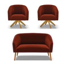 Imagem de Kit 1 Sofá Namoradeira e 2 Poltronas Stella Bouclê Terra Base de Madeira MA30 - D`Rossi