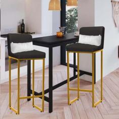 Imagem de Kit 02 Banqueta Alta com Encosto Lucca Industrial Cozinha Balcão Ferro Dourado Sintético Cinza e Almofada Branco - Ahazzo Móveis