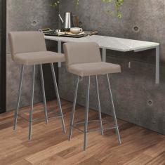 Imagem de Kit Mesa Suspensa de Parede Fixa MDF Marmorizado + 2 Banquetas Lexi Ferro Cinza Corino Bege - Ahazzo Móveis