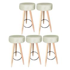 Imagem de Kit 05 Banqueta Alta Flora Pés Palito em Madeira Branco para  Bar Bist