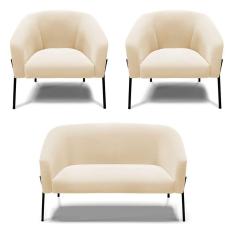 Imagem de Sofá Namoradeira E 2 Poltronas Pé De Ferro Preto Stella Suede Bege D03 - D'rossi