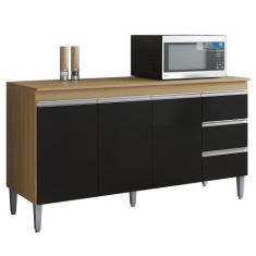 Imagem de Balcão De Cozinha Com Tampo 150cm 3 Gavetas Andréia Amêndoa/Preto - Aj