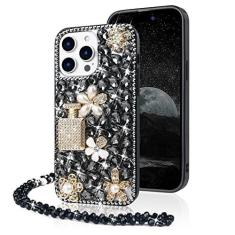 Imagem de Losin Capa compatível com iPhone 15 Pro Bling com alça de cordão de luxo 3D diamante cristal strass para mulheres meninas glitter capa brilhante frasco de perfume de pedra preciosa brilhante e capa de