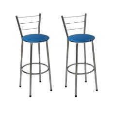 Imagem de Kit 2 Banquetas Média Cromada Com Encosto Assento Azul