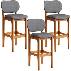 Imagem de Kit 3 Banquetas Alta Bar Cozinha Sala Jantar Fixa Betta L02 Imbuia Linho Cinza Escuro - Lyam Decor