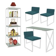 Imagem de Kit Escritório Bex 3 Cadeiras Suede Azul Turquesa com 1 Mesa e 1 Livreiro Ferro Branco MDF Verde Oliva - Ahazzo Móveis