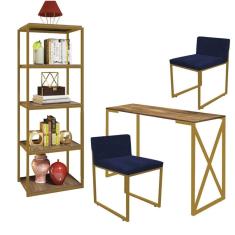 Imagem de Kit Escritório Bex 2 Cadeiras Suede Azul Marinho com 1 Mesa e 1 Livreiro Ferro Dourado MDF Caramelo - Ahazzo Móveis