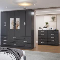 Imagem de Guarda-Roupa Casal Ava 6 Portas 9 Gavetas e Espelho com Cômoda 10 Gavetas Preto - Panorama Móveis