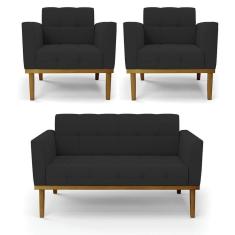 Imagem de Sofá Namoradeira E 2 Poltronas Base Madeira Castanho Elisa Veludo D03 - D\`rossi Cor Preto