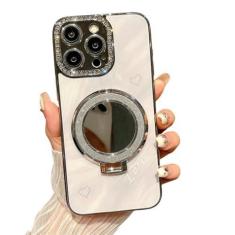 Imagem de Capa luxuosa para iPhone 12 13 14 15 Pro Max Diamond Mirror Cover para iPhone 13 14 Plus Capa com suporte magnético, branca, para iPhone 13 Pro