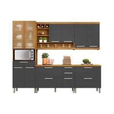Imagem de Cozinha Modulada Completa Burguesa Premium 5 Peças (2 Balcões + 2 Aéreos + 1 Paneleiro) C5P26 Freijo/Grafite - Nesher