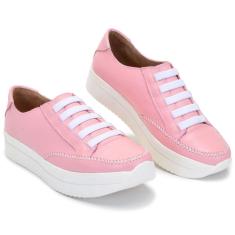 Imagem de Tênis Feminino Couro Sola Alta Plataforma Rosa Claro Confortável-Feminino