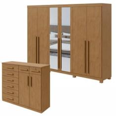 Imagem de Conjunto de Guarda-roupa 6 Portas com Espelho e Pés Bertha com Cômoda Toronto Amêndoa Clean