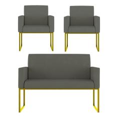 Imagem de Kit Sofá 2 Lugares + 2 Poltronas Recepção Sala Base Dourada Cor:cinza Cinza