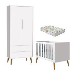 Imagem de Berço Americano e Guarda Roupa 2 Portas Theo Branco Pés Amadeirados com Colchão Gazin - Reller 