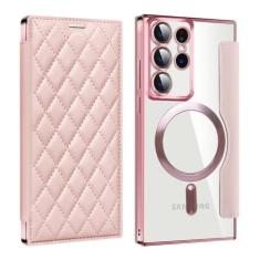 Imagem de Porta-cartões de couro magnético para Samsung Galaxy S23FE S24 S22 Ultra Plus Porta-cartões de carga sem fio Capa dura à prova de choque, rosa, para Galaxy S23 FE