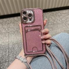 Imagem de Brilhante glitter chapeamento transparente cordão alça porta cartão capa carteira para iPhone 11 12 13 14 Pro XS Max XR 7 8 Plus capa, rosa, para iPhone XS