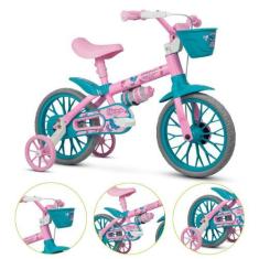 Imagem de Bicicleta Aro 12 Com Cestinha Meninas Bike Rosa Rodinhas - Nathor