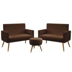 Imagem de Kit 2 Poltronas Namoradeiras Decorativas Vega Com Rodapé e Puff Solar Couro Artificial Marrom Aradecor