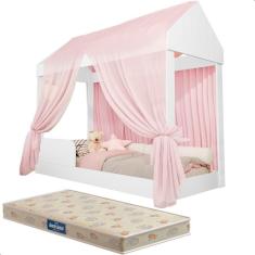 Imagem de Cama Infantil com Colchão e Voal Rosa Montessoriana Crystal