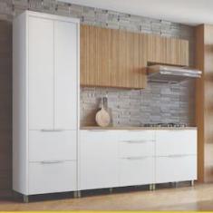 Imagem de Cozinha Completa em MDF Nesher Paris Ripada com 270 cm de Largura, 7 Portas, 6 Gavetas e 11 Prateleiras - Branco/Nature