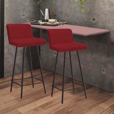Imagem de Kit Mesa Suspensa de Parede Fixa MDF Rosa + 2 Banquetas Lexi Ferro Marrom Sintético Vermelho - Ahazzo Móveis