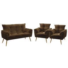 Imagem de Kit Poltrona Namoradeira e 2 Poltronas Decorativas Opala Sued Marrom Aradecor
