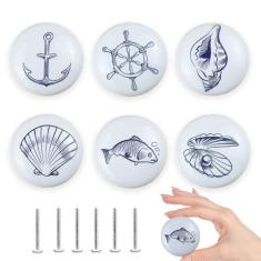 Imagem de Lasyman Puxadores e puxadores de gaveta náutica costeira 6 peças de 3,5 cm Puxadores de armário de cerâmica para peixes náuticos