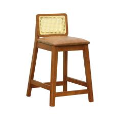 Imagem de Banqueta Média Gabi Madeira Maciça Telinha Natural - Amêndoa Assento Estofado Corano Marrom Mescla