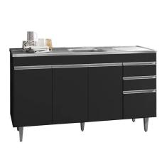 Imagem de Balcão De Cozinha Com Pia Inox 160cm 3 Gavetas Andréia Preto - Ajl Móveis